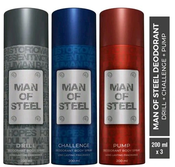 Denver Man of Steel Challenge, Pump and Drill Long Lasting Deodorant for Men, Pack of 3 (200ml each)