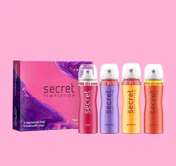 Secret Temptation Travel Pack with Pink, Romance, Mystery and Passion Mini Deodorant for Women,Pack of 4 (50ml each)