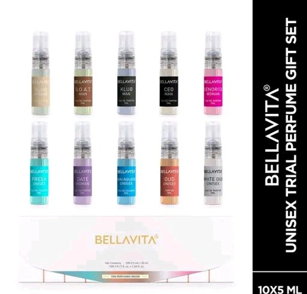 Bella Vita Luxury Unisex Trial Perfumes Gift Box for Men and Women (Pack of 10x5 ML Each)