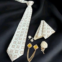 Necktie with Pocket square Lapel Pin Flawer and Brooch & Cufflinks Pair set