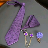 Necktie with Pocket square Lapel Pin Flawer and Brooch & Cufflinks Pair set