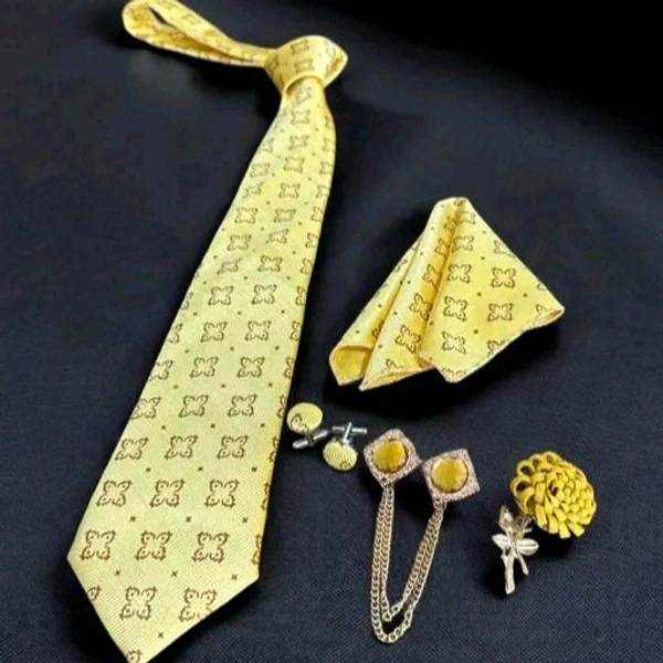 Necktie with Pocket square Lapel Pin Flawer and Brooch & Cufflinks Pair set