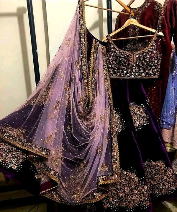Womens Viscose Velvet Embroidered Semi Stitched Lehenga Choli - Purple