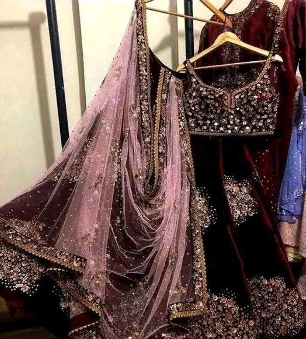 Womens Viscose Velvet Embroidered Semi Stitched Lehenga Choli - Maroon