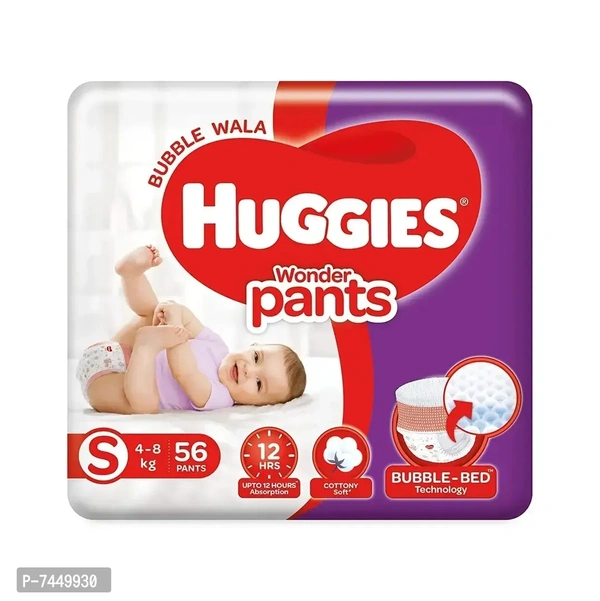 Huggies Wonder Pants, Small (S) Size Baby Diaper Pants, 4 - 8 kg, 56 count - 4-8 Kg