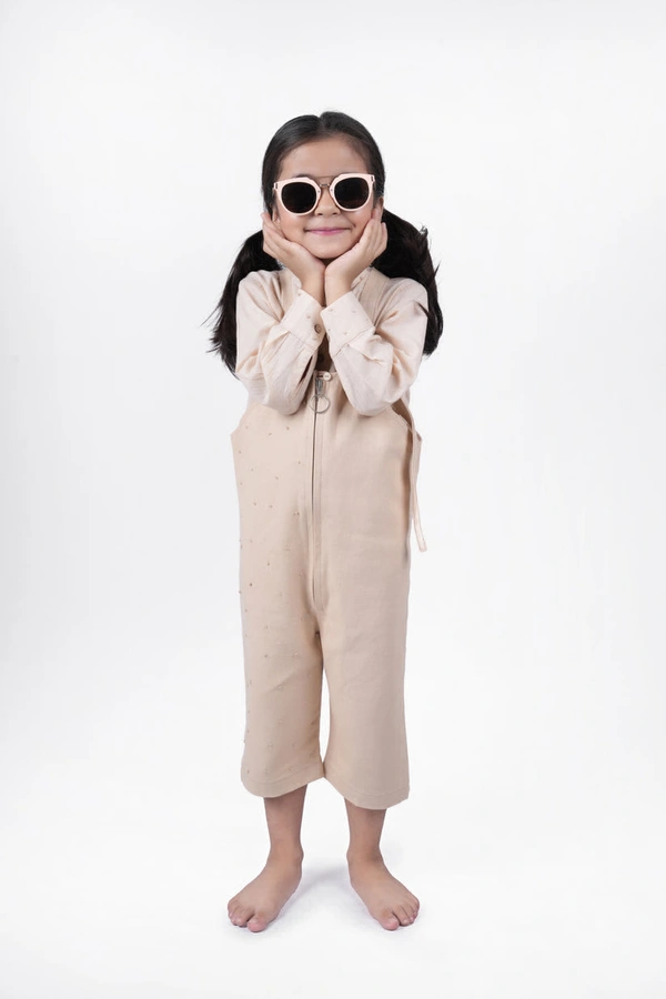 Yabai Oatmilk Delight: Girls' Dungaree Dress for Casual Elegance - 7-8 Year