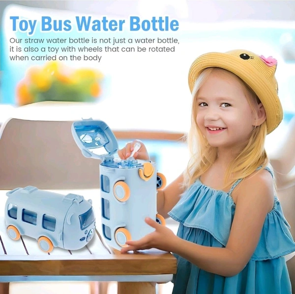 Cute Bus Shape Car Water Bottle with Straw & Wheels for Kids - Portable Sipper Cup with Shoulder Strap - 500 ML, Purple