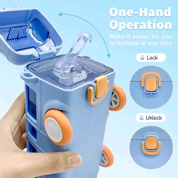 Cute Bus Shape Car Water Bottle with Straw & Wheels for Kids - Portable Sipper Cup with Shoulder Strap - 500 ML, Purple