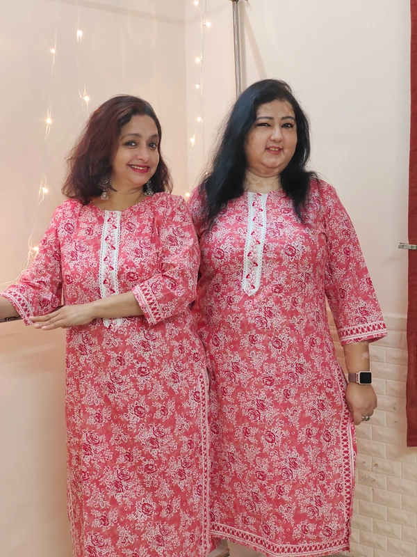 Pink White Floral Lace Kurta - 3XL
