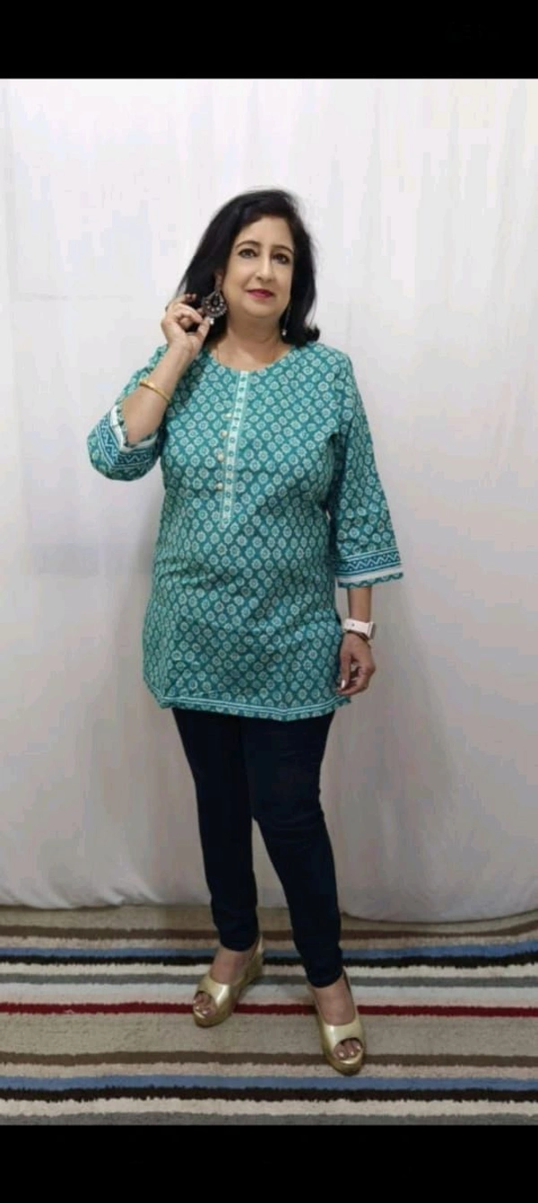 Rama Green With Block Print - Eastern Blue, M