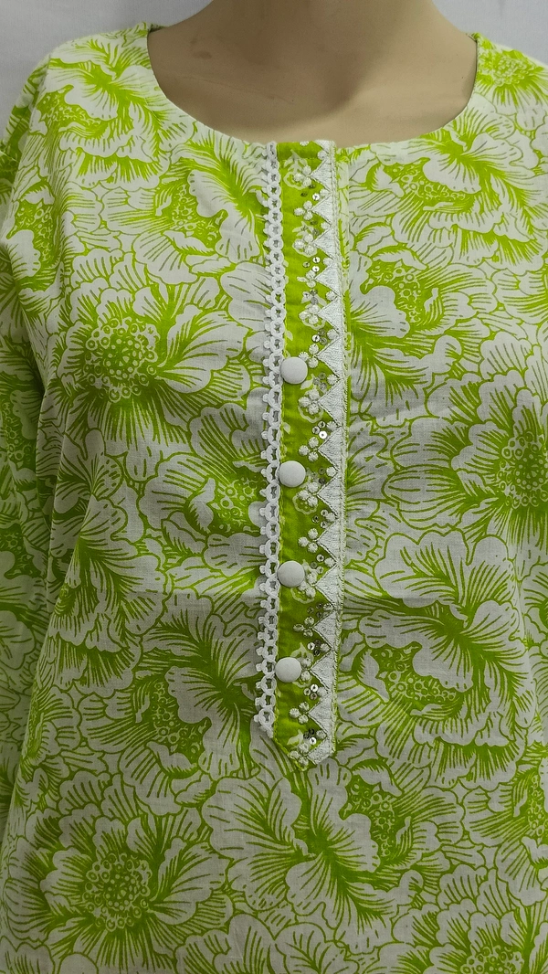 Lime Green White Print Lace Around Button Regular Kurti - 5xl