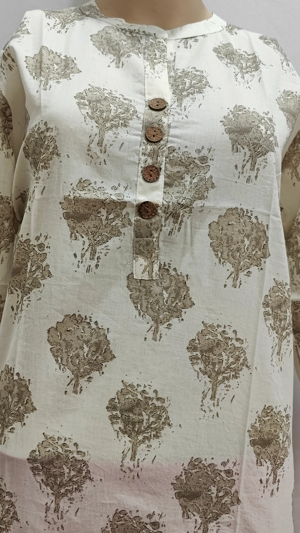 Off-White Grey Floral Chinese Collar Full Sleeves Regular Kurti - L