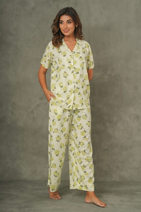 Pista Green Lime Floral Print Pajama Night Set - M
