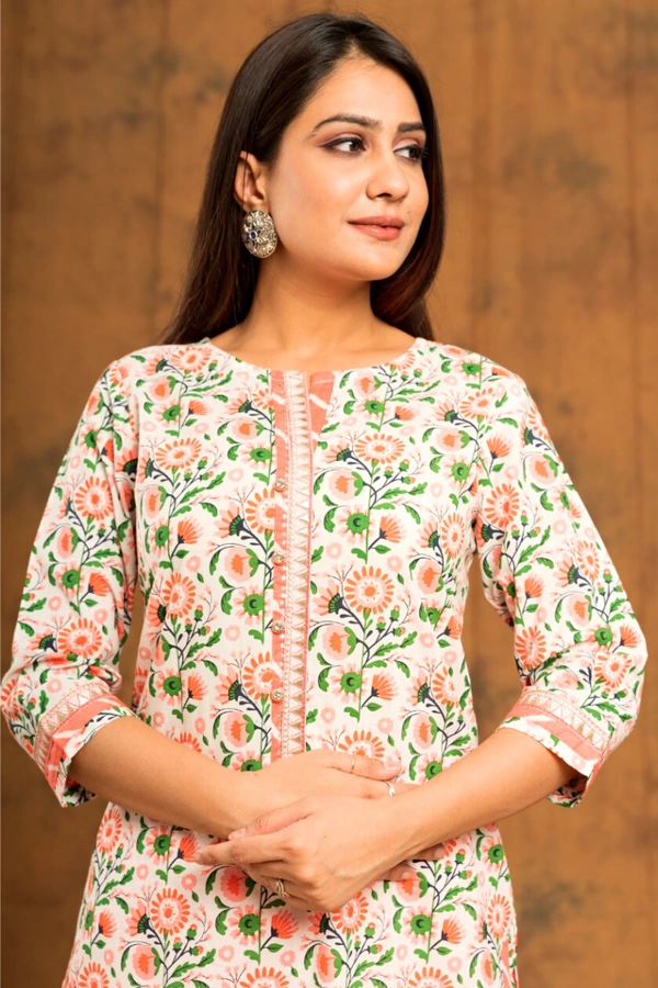 White Peach Pink Green Print Pant Set - XL