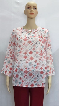 White Pink Red Shapes Indo Western Top Synthetic - 3XL