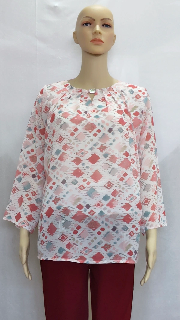 White Pink Red Shapes Indo Western Top Synthetic - 3XL