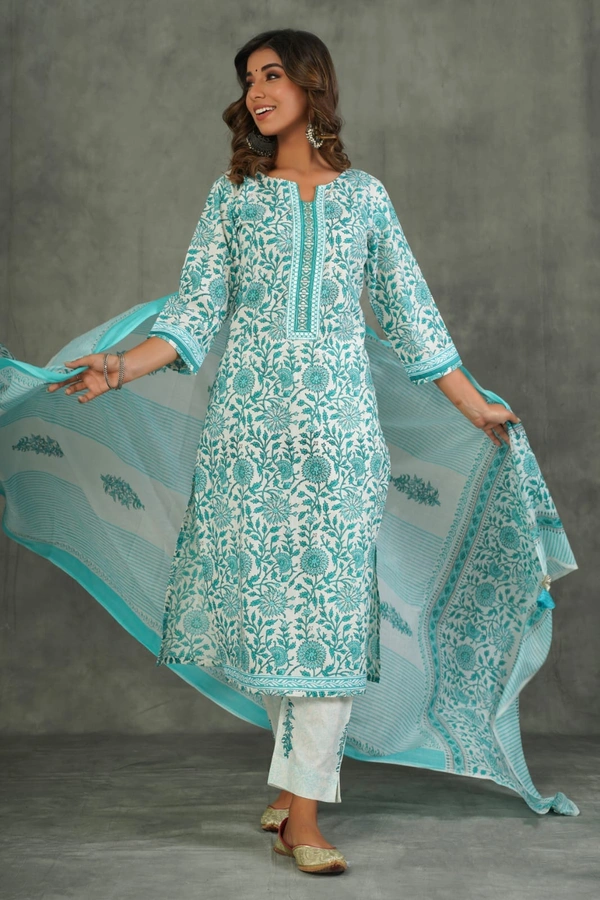 White Rama Green Print Suit Set Mulmul Dupatta - XL