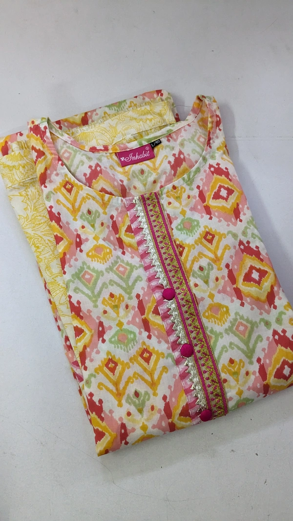 White Yellow Pink Print Gotta Patti Cotton Pant Set - 2XL