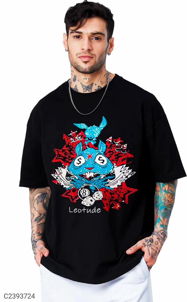 Leotude Men's Printed Loose Fit Half Sleeve T-shirt - Black, L