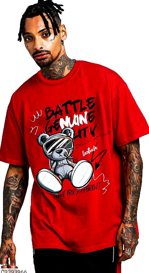 Leotude Men's Printed Loose Fit Half Sleeve T-shirt - Red, XL