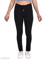 FASHIONABLE EXCLUSIVE WOMENS JEANS FOUR BUTTON BLACK - Black, 28