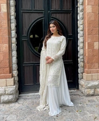 Presenting New Festival Collection With Faux Georgette And Heavy Embroidery Sequence Work Top-Plazo And Dupatta Set Fully Stitched Ready To Wear - White
