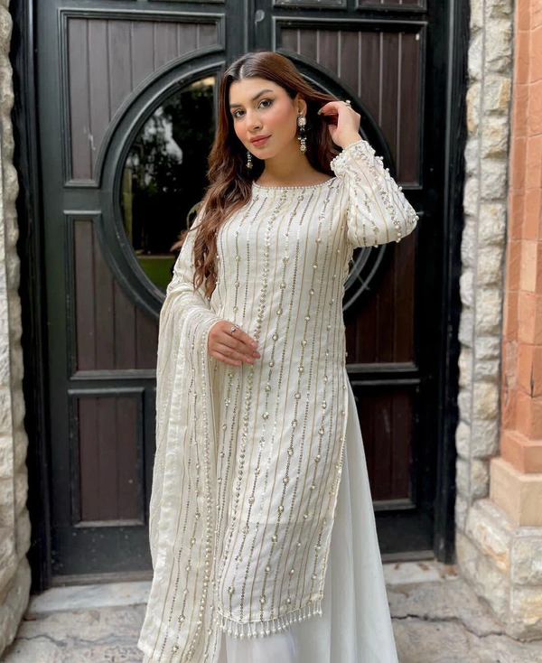Presenting New Festival Collection With Faux Georgette And Heavy Embroidery Sequence Work Top-Plazo And Dupatta Set Fully Stitched Ready To Wear - White