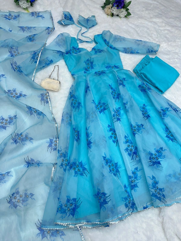 Digital printed organza silk Anarkali suit with huge flair - Cerulean, 42