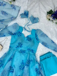 Digital printed organza silk Anarkali suit with huge flair - Cerulean, 42