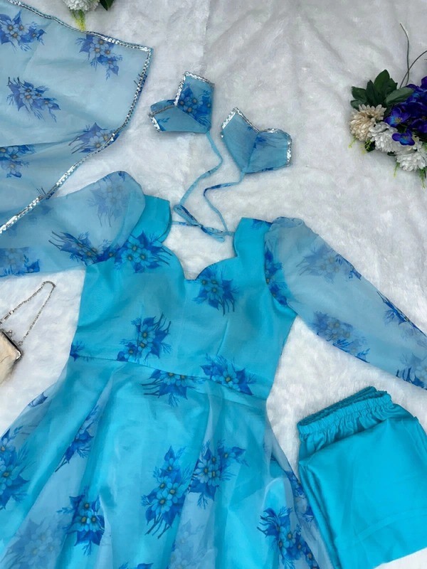 Digital printed organza silk Anarkali suit with huge flair - Cerulean, 42