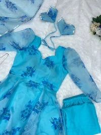 Digital printed organza silk Anarkali suit with huge flair - Cerulean, 42