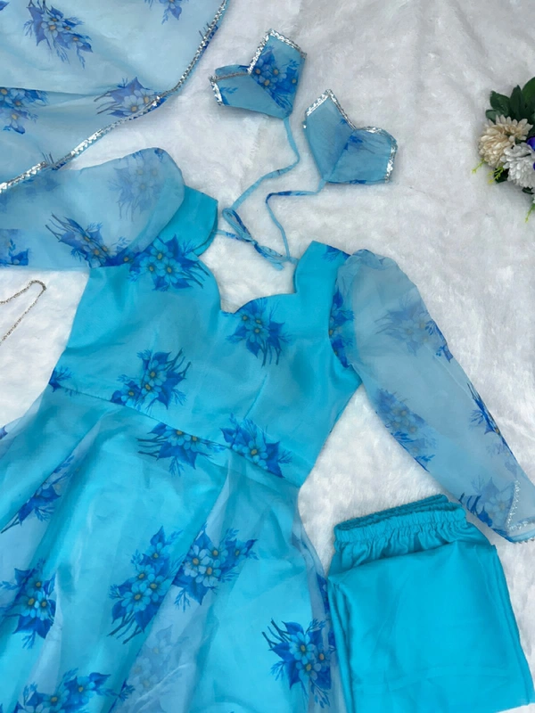 Digital printed organza silk Anarkali suit with huge flair - Cerulean, 42