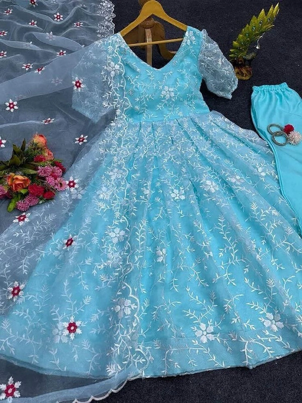 Sky Blue Organza Silk Thread Work Gown - Picton Blue, M(38)