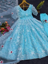 Sky Blue Organza Silk Thread Work Gown - Picton Blue, L(40)