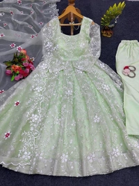 Sky Blue Organza Silk Thread Work Gown - Eastern Blue, XL(42)