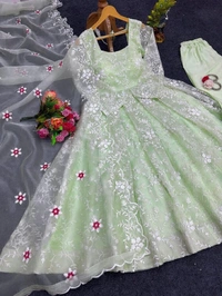 Sky Blue Organza Silk Thread Work Gown - Eastern Blue, XL(42)