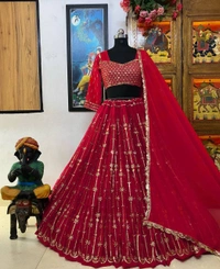 PRESENTING NEW DESIGNER EMBROIDERED LAHENGA CHOLI - Guardsman Red