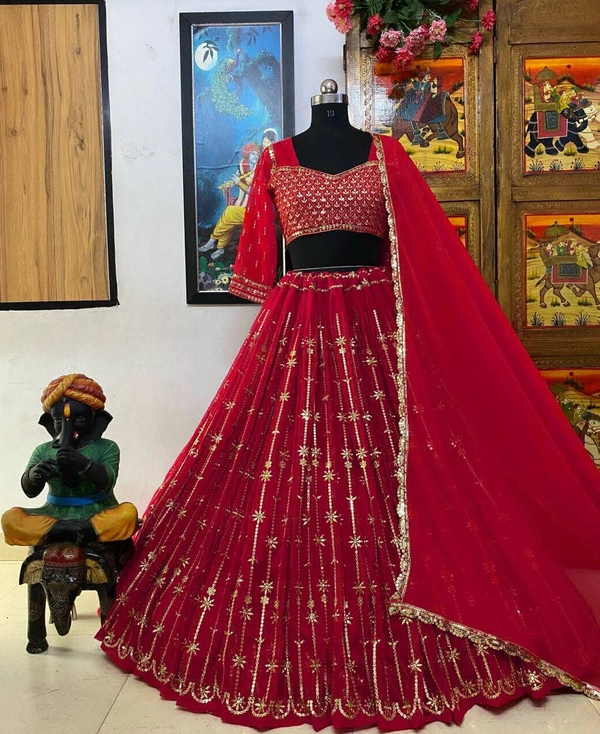 PRESENTING NEW DESIGNER EMBROIDERED LAHENGA CHOLI - Guardsman Red