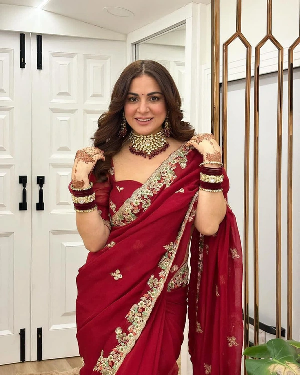 Trending Party Wear Shrug Saree Ready to wear with Sequence And Foil Work - Red