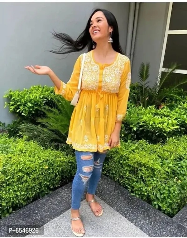 Yellow Georgette Chikankari Tops For Women - S M L XL XXL