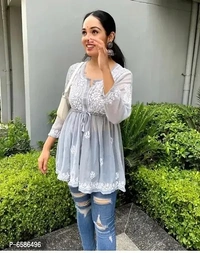 Yellow Georgette Chikankari Tops For Women - S M L XL XXL