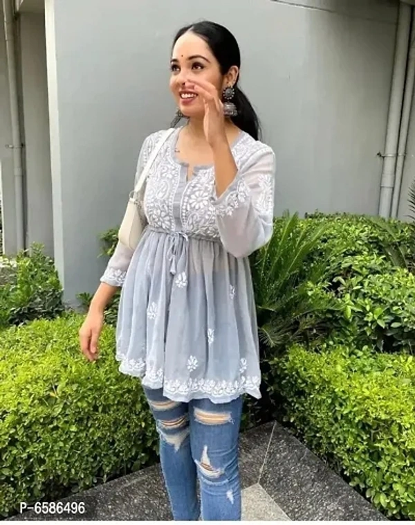 Yellow Georgette Chikankari Tops For Women - S M L XL XXL