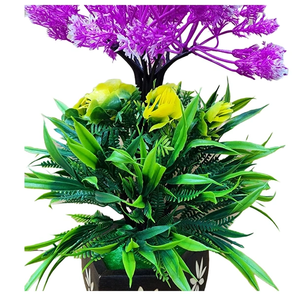 DVMARTÂ® Violet Flower with Green Leaf With Hexagon Wooden Pot for Decoration  (17x25 CM)