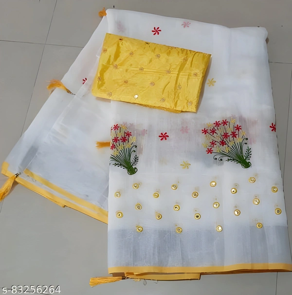 Taant Cotton Mirror Work Saree With Blouse - Free size, Gorse