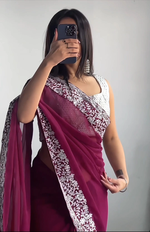 Georgette Embroidered Elegant Purple Color Sreee With Blouse - FREE SIZE