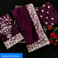 Georgette Embroidered Elegant Purple Color Sreee With Blouse - FREE SIZE