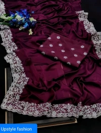 Georgette Embroidered Elegant Purple Color Sreee With Blouse - FREE SIZE