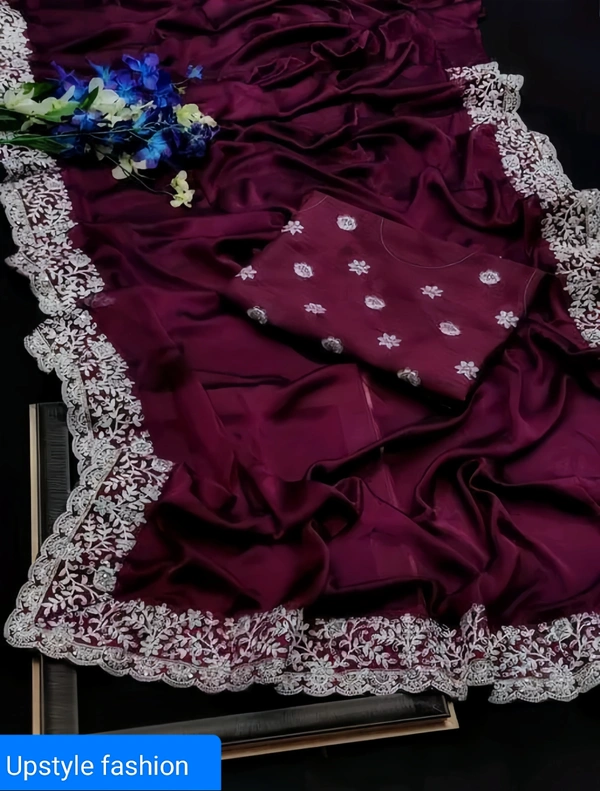 Georgette Embroidered Elegant Purple Color Sreee With Blouse - FREE SIZE