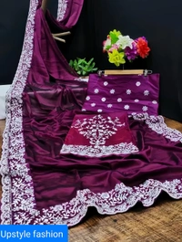 Georgette Embroidered Elegant Purple Color Sreee With Blouse - FREE SIZE