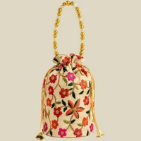 Embroidered Floral Potli Bag for Women | Ethnic Wedding & Party Clutch | Golden Beaded Handle